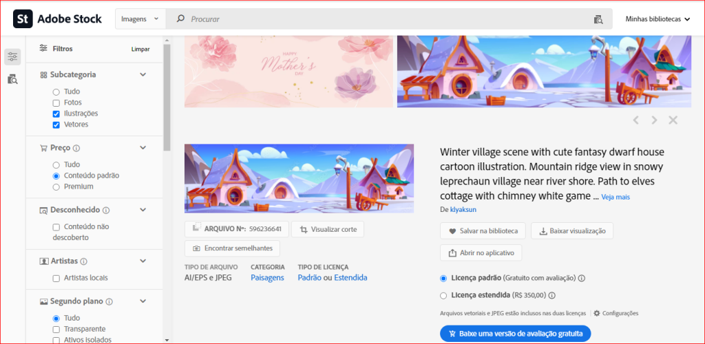 Screenshot da página de pesquisa de vetores do Adobe Stock.